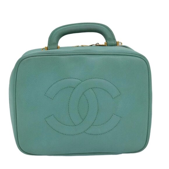 CHANEL Vanity COCO Mark Hand Bag Calf Skin Emerald Green CC Auth - Picture 1 of 16